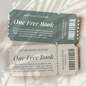 Printable Coupon Set One Free Book Cute Gift Certificate Birthday Coupon for Reader Coupon for Book Lovers Instant Download Birthday Coupon