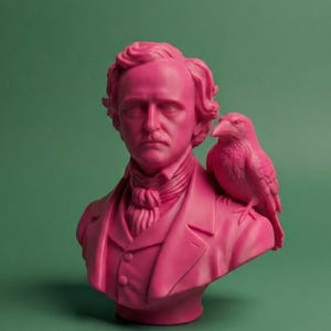 May include: A vibrant pink bust of a man with a bird perched on his shoulder against a green background. The bust features detailed facial features and is dressed in a suit. The bird is also pink, mirroring the bust's color.
