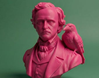 Può includere: Un busto rosa acceso di un uomo con un uccello appollaiato sulla spalla, su sfondo verde. Il busto presenta lineamenti dettagliati ed è vestito con un abito. L'uccello è anch'esso rosa, rispecchiando il colore del busto.
