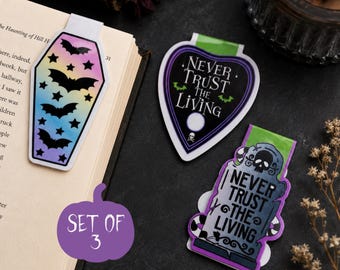 Spooky Magnetic Bookmark Set Gothic Bookmarks Haunted Reader Gift Graveyard Bookmark Set Paranormal Book Lover Gift Never Trust the Living