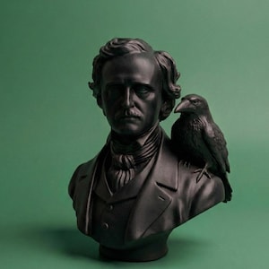 May include: A black bust of Edgar Allan Poe with a raven perched on his shoulder. The bust features detailed facial features, a coat, and a cravat. The raven is also black and has detailed feathers. The background is a solid green.