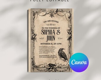 May include: A vintage-style wedding invitation with ornate borders and the text "YOU ARE INVITED TO THE WEDDING OF SOPHIA & JOHN." Includes a drawing of a crow and the date October 31, at 3 PM. The Canva logo is visible.