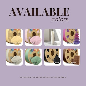 May include: An image showcasing a variety of colors available. The text "AVAILABLE colors" is at the top. Colors include butter yellow, pink, beige, sage, black, pink purple, and brown. Each color is displayed with a seashell and a spool.