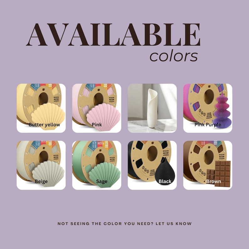 May include: An image showcasing a variety of colors available. The text "AVAILABLE colors" is at the top. Colors include butter yellow, pink, beige, sage, black, pink purple, and brown. Each color is displayed with a seashell and a spool.