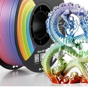 May include: A rainbow-colored 3D printing filament spool next to a multi-colored dragon figurine. The filament transitions through pink, blue, yellow, and green. The dragon sculpture has a detailed design and a gradient of colors.
