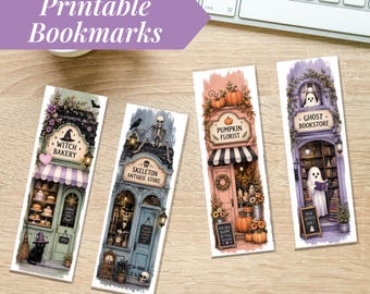 Halloween Bookmark Printable Reader Gift Book Lover Autumn Page Marker Download Instant Digital Watercolor Art Ghost Witch Pumpkin Skeleton