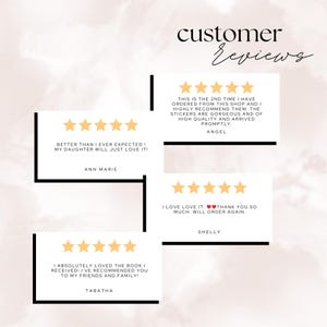 May include: Image featuring customer reviews with five-star ratings. Text includes phrases like "Better than I ever expected!" and "I absolutely loved the book!" The word "customer" and "reviews" are written in cursive.