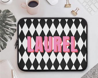 Spersonalizowany pokrowiec na laptopa z neoprenu, wzór diamentowy, personalizowany wzór kratki z monogramem, pokrowiec ochronny na tablet, wyściełany