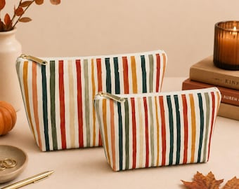 Striped Makeup Bag Cosmetic Organizer Small Travel Toiletry Holder Zippered Pouch Pencil Case Teacher Gift Women Accessory Storage Portable