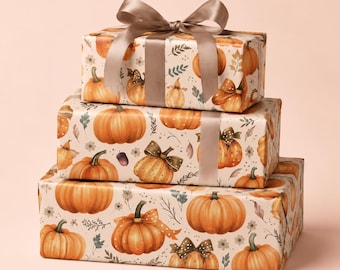 Fall Pumpkin Wrapping Paper with Bows Coquette Autumn Gift Wrap Cute Pumpkin Gift Paper Fall Birthday Wrapping Thanksgiving Gift Wrap