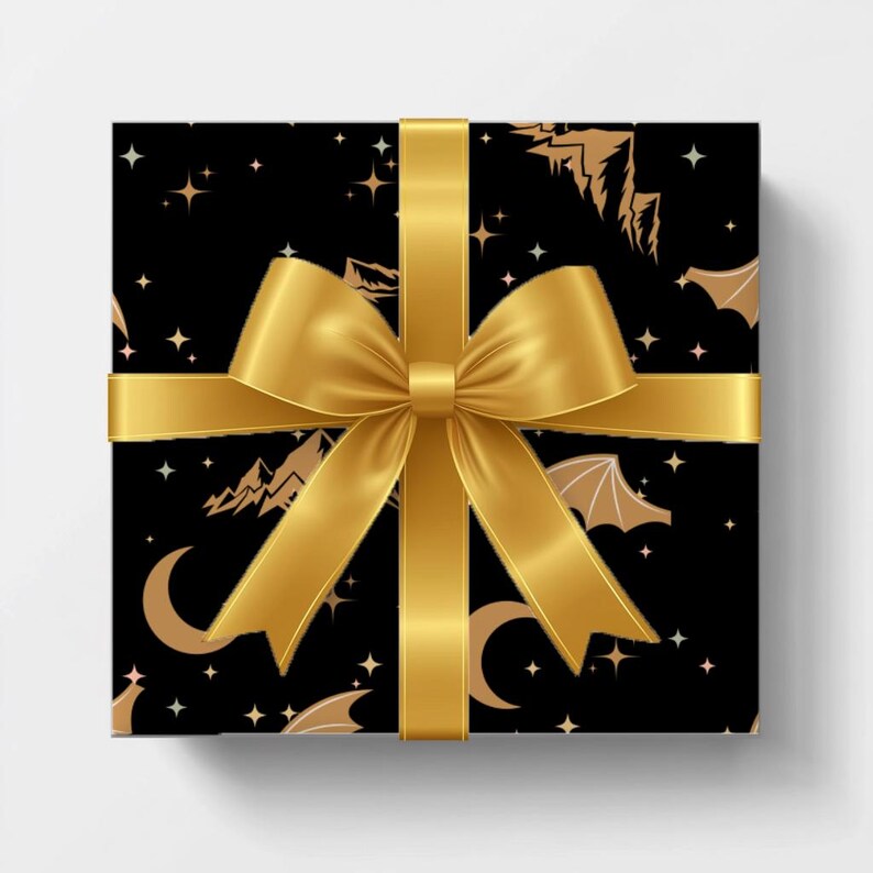 ACOTAR Themed Night Court Wrapping PaperRhysand Inspired Black Gold PatternWing Motif DetailsStar Mountain ArtworkBeautiful Gift WrapSpecial Occasion PaperMultiple Size OptionsFantasy Present PackagingElegant Style Creation