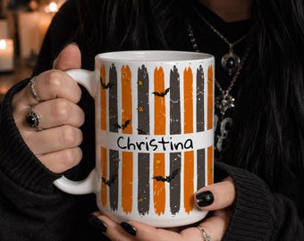 Halloween Coffee Mug Personalized Name Custom Ceramic Drinkware Gift Bat Design Orange Stripe Party Favor Seasonal Black Accent Kitchen