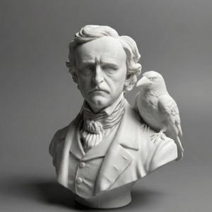 May include: A white bust of a man with a raven perched on his shoulder. The bust depicts a man with curly hair, a mustache, and a formal suit. The raven is detailed with visible feathers and a sharp beak. The sculpture is set against a gray background.