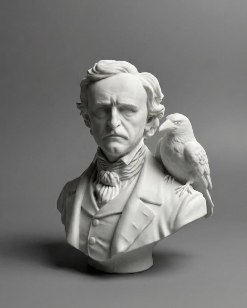 May include: A white bust of a man with a raven perched on his shoulder. The bust depicts a man with curly hair, a mustache, and a formal suit. The raven is detailed with visible feathers and a sharp beak. The sculpture is set against a gray background.