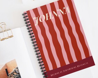 Personalized Hardcover Journal for Notes Writing Pad Lined Pages Custom Name Retro Aesthetic Stripe Pink Vintage Gift Idea Nostalgic