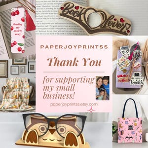 May include: A collection of reading accessories and gifts, including a wooden bookmark with cherries, a wooden book holder, and a tote bag with a book-themed pattern. The image also features a bookmark with the text "Reading my anxiety away."