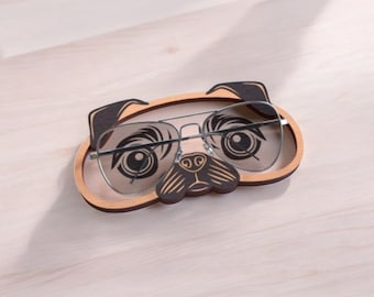 Bonita bandeja de madera con forma de perro para gafas, hecha a mano, para lectores, para mesita de noche, regalo para amantes de los perros.