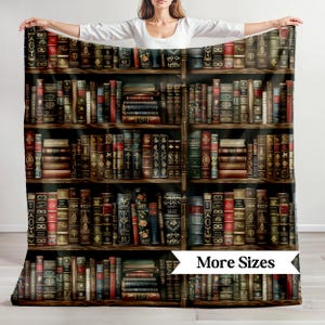 May include: A brown bookcase filled with antique books with gold lettering and spines. The bookcase has five shelves and is filled with books from floor to ceiling. The books are arranged in a random order. The bookcase is against a white wall. The text "More Sizes" is at the bottom of the image.