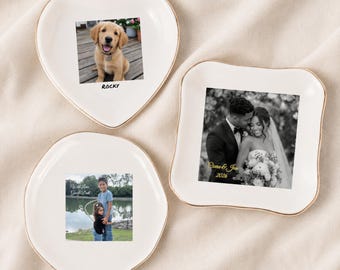 Custom Jewelry Dish with Photo Personalized Ring Dish Ceramic Trinket Tray Wedding Gift for Bride Pet Photo Keepsake Anniversary Gift