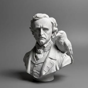 May include: A white bust of a man with a bird perched on his shoulder. The man is wearing a suit and has a serious expression. The bird is a raven. The bust is set against a gray background.