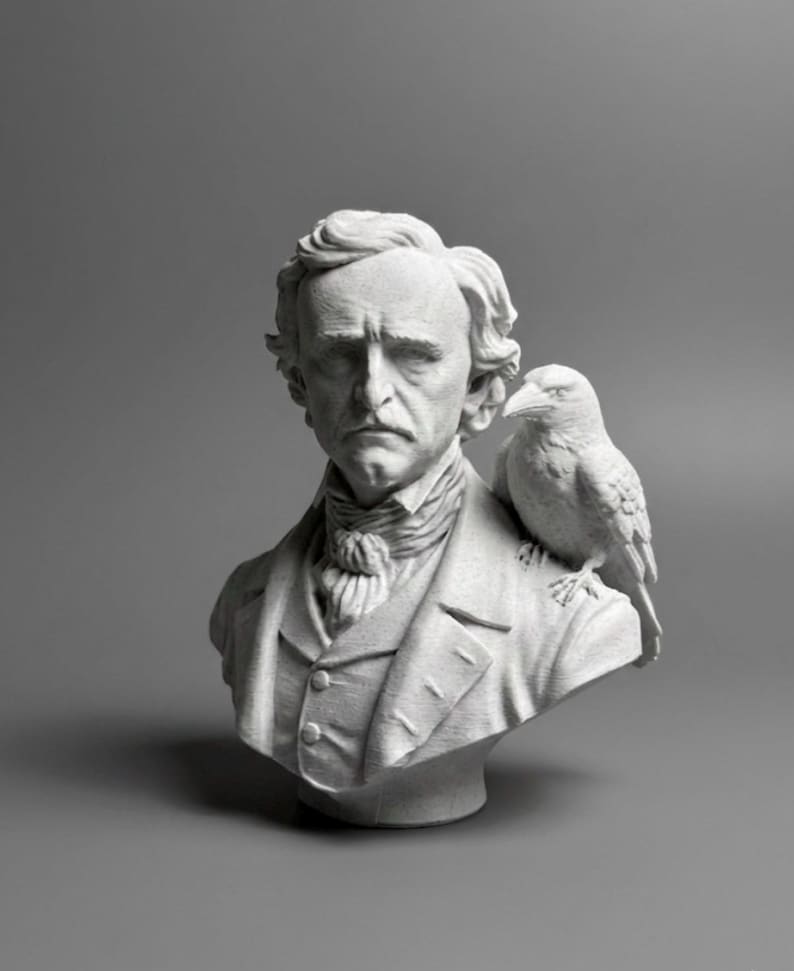 May include: A white bust of a man with a bird perched on his shoulder. The man is wearing a suit and has a serious expression. The bird is a raven. The bust is set against a gray background.