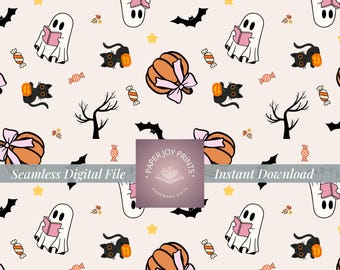 Halloween Digital Paper Seamless Pattern Cute Ghost Background Spooky Design Girly Halloween Scrapbook Sheet Craft Download October
