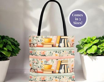 Cozy Pink and White Book Lover Tote Bag Cute Teacup Pattern Literary Gifts for Readers Aesthetic Book Tote for Women Bookworm Gift Bag