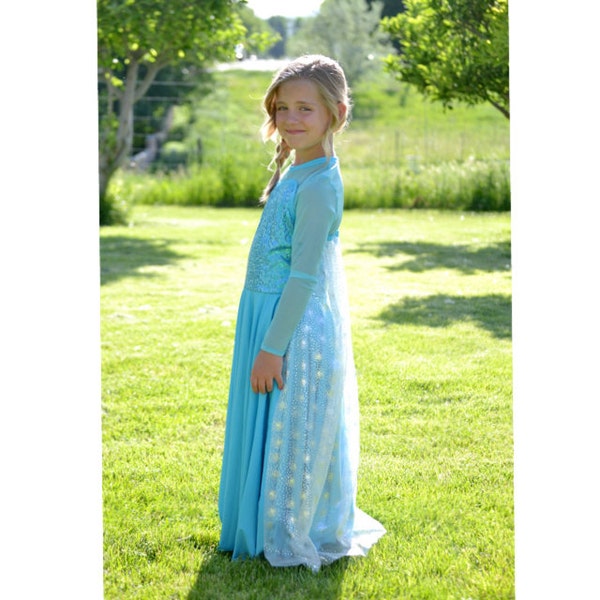Comfortable Elsa dress! Soft, Stretchy, Non itchy, machine washable, Sparkle Bodice, Cape. High quality fabric &workmanship