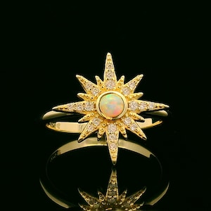 Golden Opal Starburst Ring | Celestial North Star Gold Statement Band