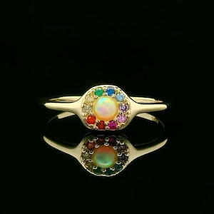 Opal and Rainbow CZ Gold Ring | Dainty Stackable Eternity Band