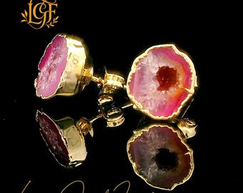 Pink Geode Studs | Raw Crystal Earrings | Handmade 14K Gold Plated Minimalist Jewelry