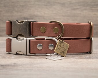 Sienna Caramel Brown - Waterproof Quick Release Dog Collar - COBRA Pet Collar - Antique Brass + Nickel Matte