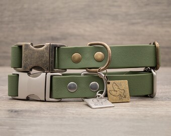 Olive Green - Waterproof Quick Release Dog Collar - COBRA Buckle Pet Collar - Antique Brass + Nickel Matte