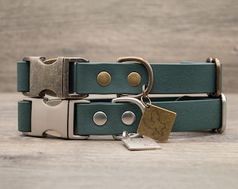 Forest Green - Waterproof Quick Release Dog Collar - COBRA Pet Collar - Antique Brass + Nickel Matte