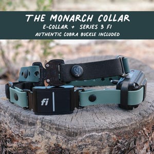 May include: The Monarch Collar, an e-collar with a Series 3 Fi tracker and an authentic black Cobra buckle. The collar features sage green and black webbing, black hardware, and a black Fi module with a white logo. Text reads: THE MONARCH COLLAR.