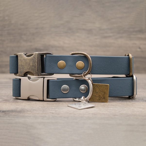 Slate Blue - Waterproof Quick Release Dog Collar - COBRA Pet Collar - Antique Brass + Nickel Matte