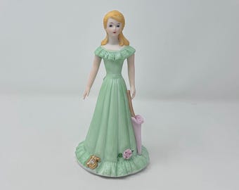 Vintage Enesco Growing Up Porcelain Birthday Girl Figurine, Age Fifteen, Blonde Hair, Green Dress, 1981