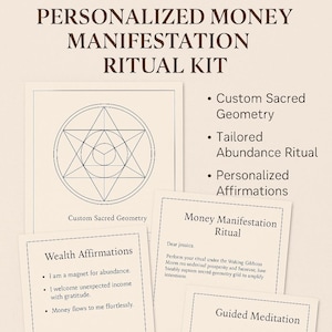 May include: A Personalized Money Manifestation Ritual Kit with cards featuring custom sacred geometry, tailored abundance rituals, and personalized affirmations. Includes cards with wealth affirmations and a money manifestation ritual.