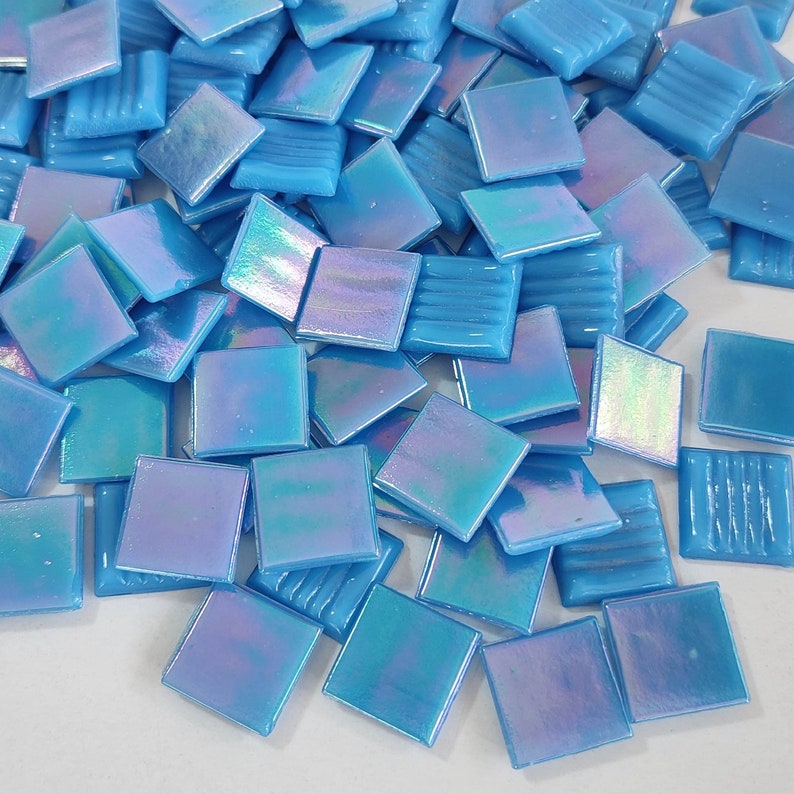 Iridescent glass mosaic tiles, 20x20 mm 3/4 inch, Opalescent, Aqua blue / Malibu blue image 7