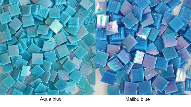 Iridescent glass mosaic tiles, 20x20 mm 3/4 inch, Opalescent, Aqua blue / Malibu blue image 1