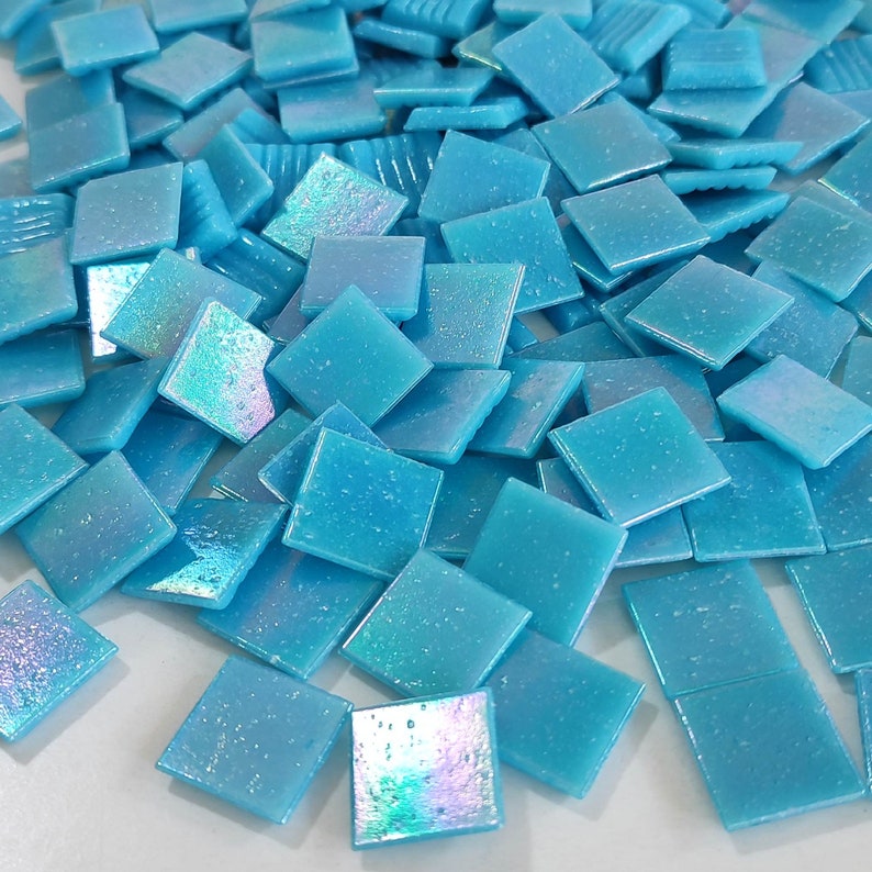 Iridescent glass mosaic tiles, 20x20 mm 3/4 inch, Opalescent, Aqua blue / Malibu blue image 3