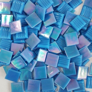 Iridescent glass mosaic tiles, 20x20 mm 3/4 inch, Opalescent, Aqua blue / Malibu blue image 6