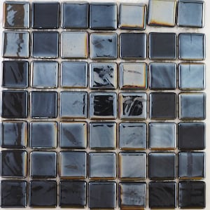 Iridescent glass mosaic tiles, 25x25 mm (1 inch), Opalescent, Metallic black