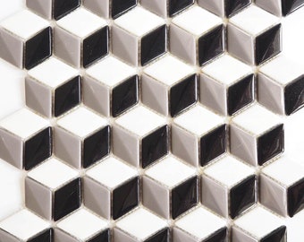 Porcelain glazed mosaic tiles, Diamond dome shape, 26x45 mm (1 x 1-3/4 inch), white, black,ash grey
