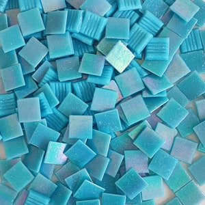 Iridescent glass mosaic tiles, 20x20 mm 3/4 inch, Opalescent, Aqua blue / Malibu blue image 2