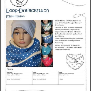 Puede incluir: Un patr&oacute;n de costura para una bufanda triangular de bucle. El patr&oacute;n incluye instrucciones para hacer la bufanda en varias telas, como pana, vell&oacute;n y algod&oacute;n. El patr&oacute;n tambi&eacute;n incluye un diagrama de la bufanda terminada con un cierre de bot&oacute;n.