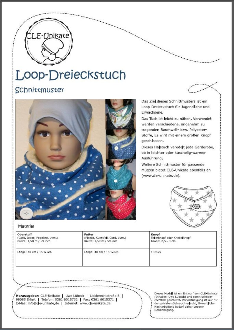 Puede incluir: Un patr&oacute;n de costura para una bufanda triangular de bucle. El patr&oacute;n incluye instrucciones para hacer la bufanda en varias telas, como pana, vell&oacute;n y algod&oacute;n. El patr&oacute;n tambi&eacute;n incluye un diagrama de la bufanda terminada con un cierre de bot&oacute;n.