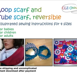 May include: Two reversible loop and tube scarves in four sizes for babies, children, and adults. The scarves are made with a white and red polka dot fabric and a teal and white polka dot fabric. The image also shows a pink fabric with a fox and mushroom pattern.