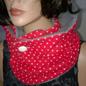 Puede incluir: Cuello de punto rojo con lunares blancos y forro de felpa gris. El cuello tiene un cierre de bot&oacute;n.