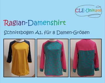 Pattern sheet for women's raglan shirt, sizes 34 to 46